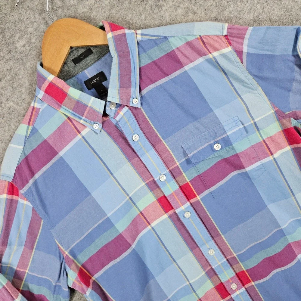 J Crew Slim Fit Multicolor Plaid Long Sleeve Button Down Shirt Mens Size L FLAWS